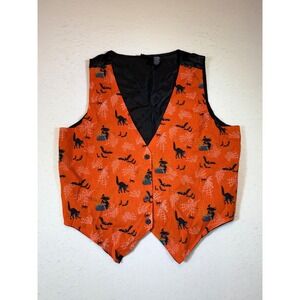 Halloween Orange Black Cat Spiderweb Print Mens Extra Large Vest Vtg Party